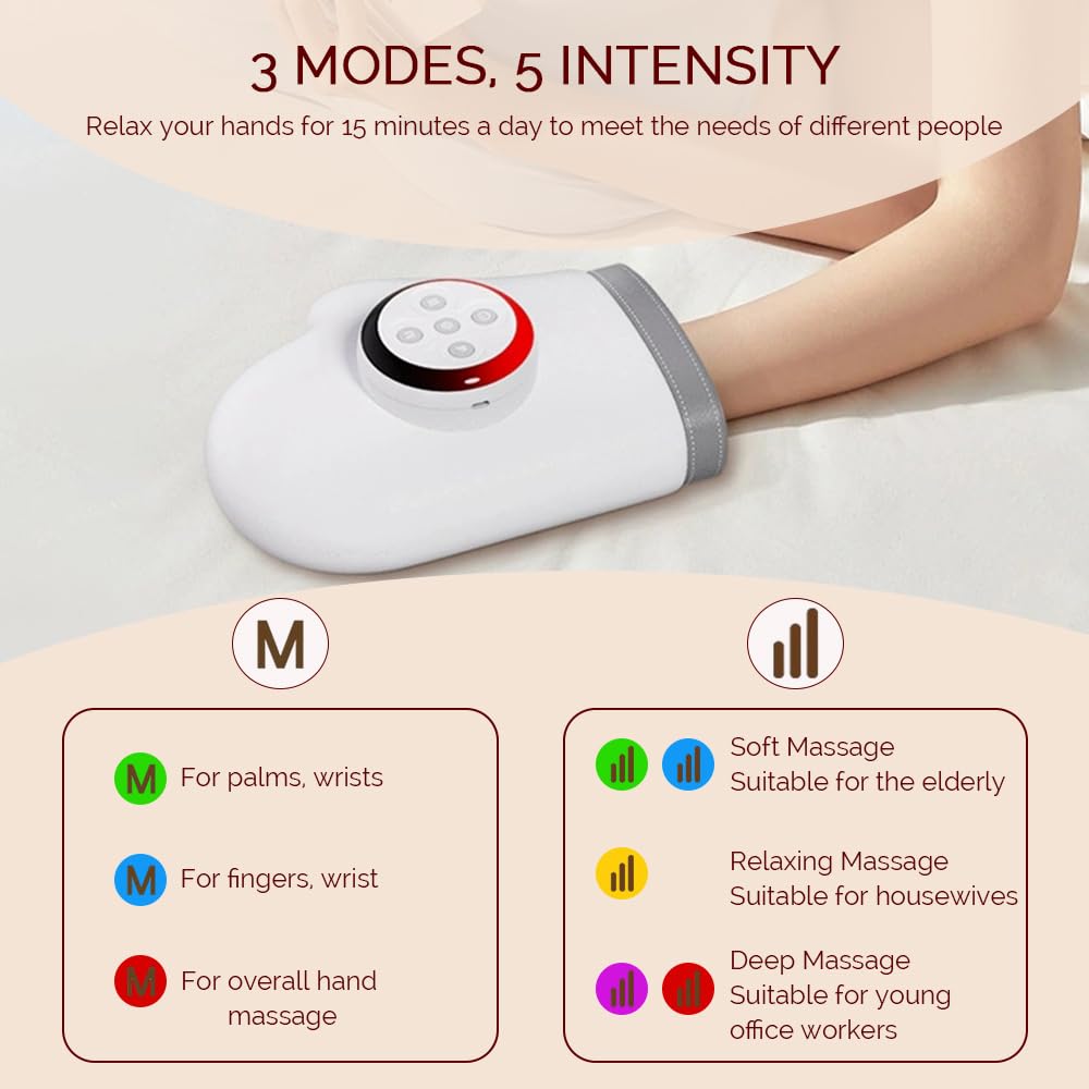 Handmassagegerät mit Heiz- und Druckfunktion, Finger Handgelenkmassagegerät | 3 Massage- und 5 Kompressionsstufen sowie 3 Temperaturstufen, kabelloses elektrisches Handmassagegerät
