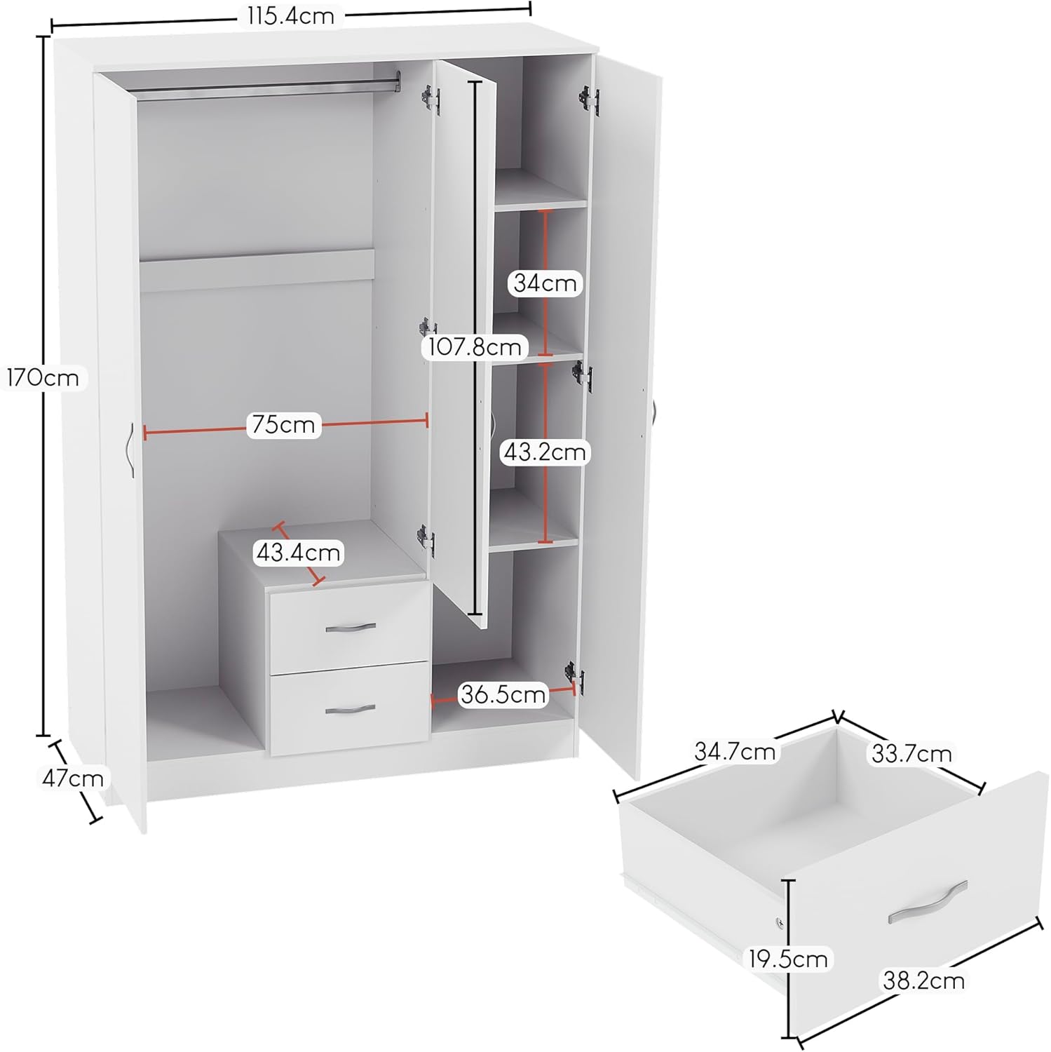 Diagram showing the dimensions of the Vida Designs Riano wardrobe