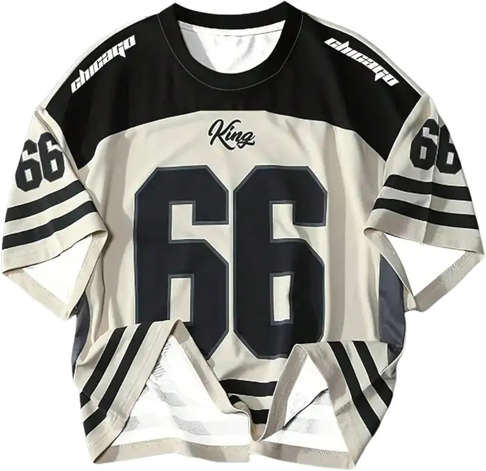 BEAUDRM Men's Jersey Shirts Number Print Graphic T-Shirt Y2k Striped Crew Neck Tees Short Sleeve Oversized Sports Streetwear