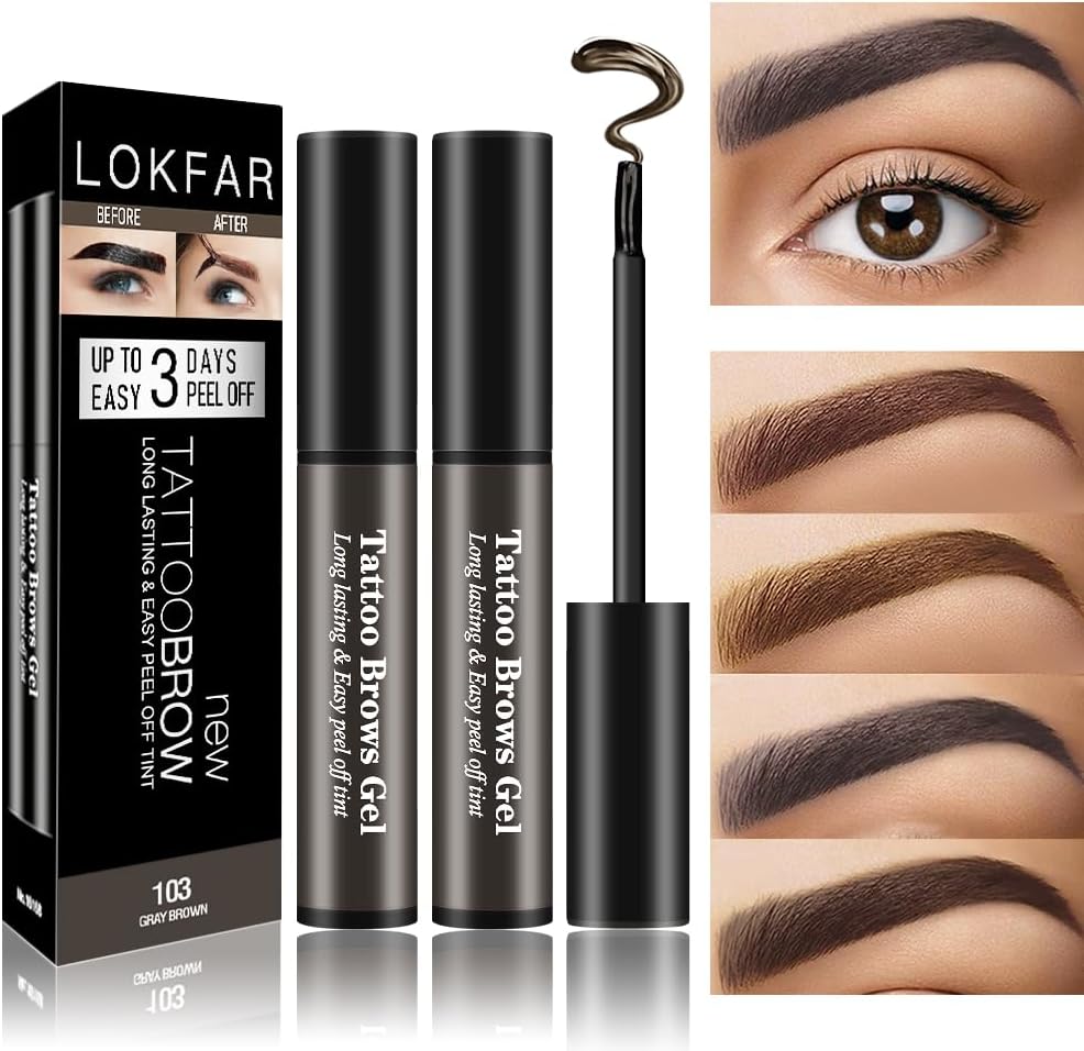 2 Pcs Peel Off Tattoo Eyebrow Gel Set, Natural Color Eye-Brow Gel Long-Lasting Waterproof Eyebrow Tattoo, Easy Peel Off Eyebrow Tattoo Makeup -Up To 3 Days (Gray Brown)
