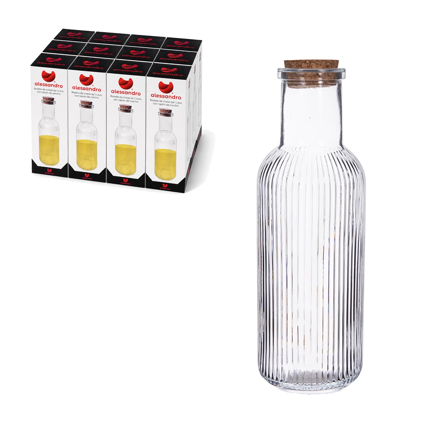 TWO TIGERS Botella de Cristal Tapón Corcho | 1 Litro | Pack 12 Unidades | 29 x 9 cm | Transparente Resistente No Alterar el Sabor | Reutilizable | Nevera Frigorífico | Hostelería