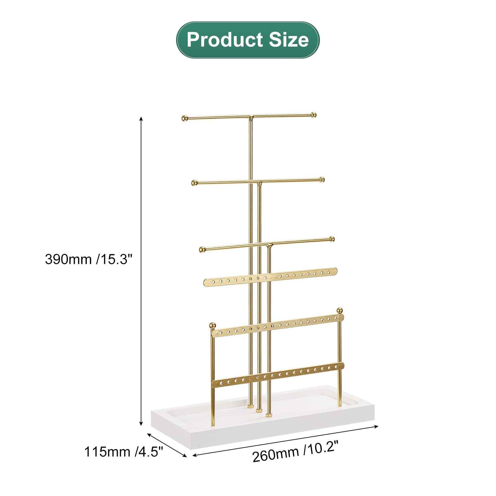 uxcell Jewelry Stand Holder, 6 Tier Metal Necklace Display Organizer Earring Tower with Wood Tray for Bracelets, Rings, Earrings, Necklaces - Gold