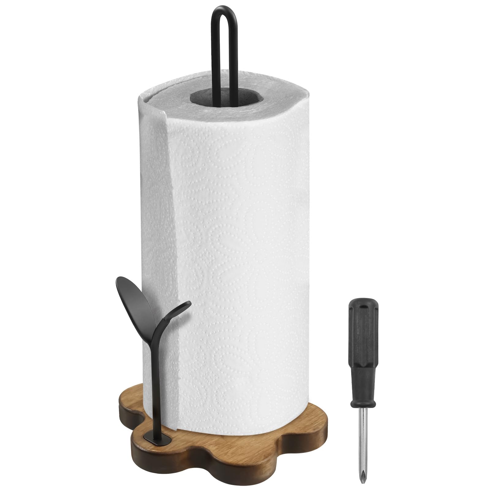 Kitchen Towel Roll Stand, Wooden Paper Towel Holder, Farmhouse Countertop Decorative, Paper Roll Organizer with Flower Shape Base for Kitchen Dining Table Home Decor