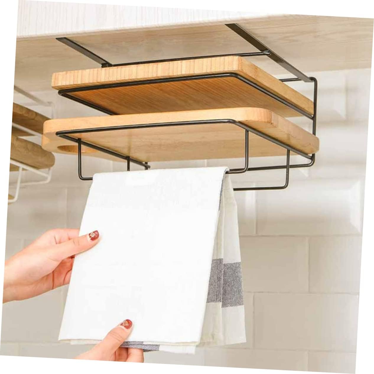 Wall Mounted Chopping Board Shelf 2-Piece Double Layer Iron Kitchen Storage Organizer Punch-Free Design Black for Home Cooking and Kitchenware Organization