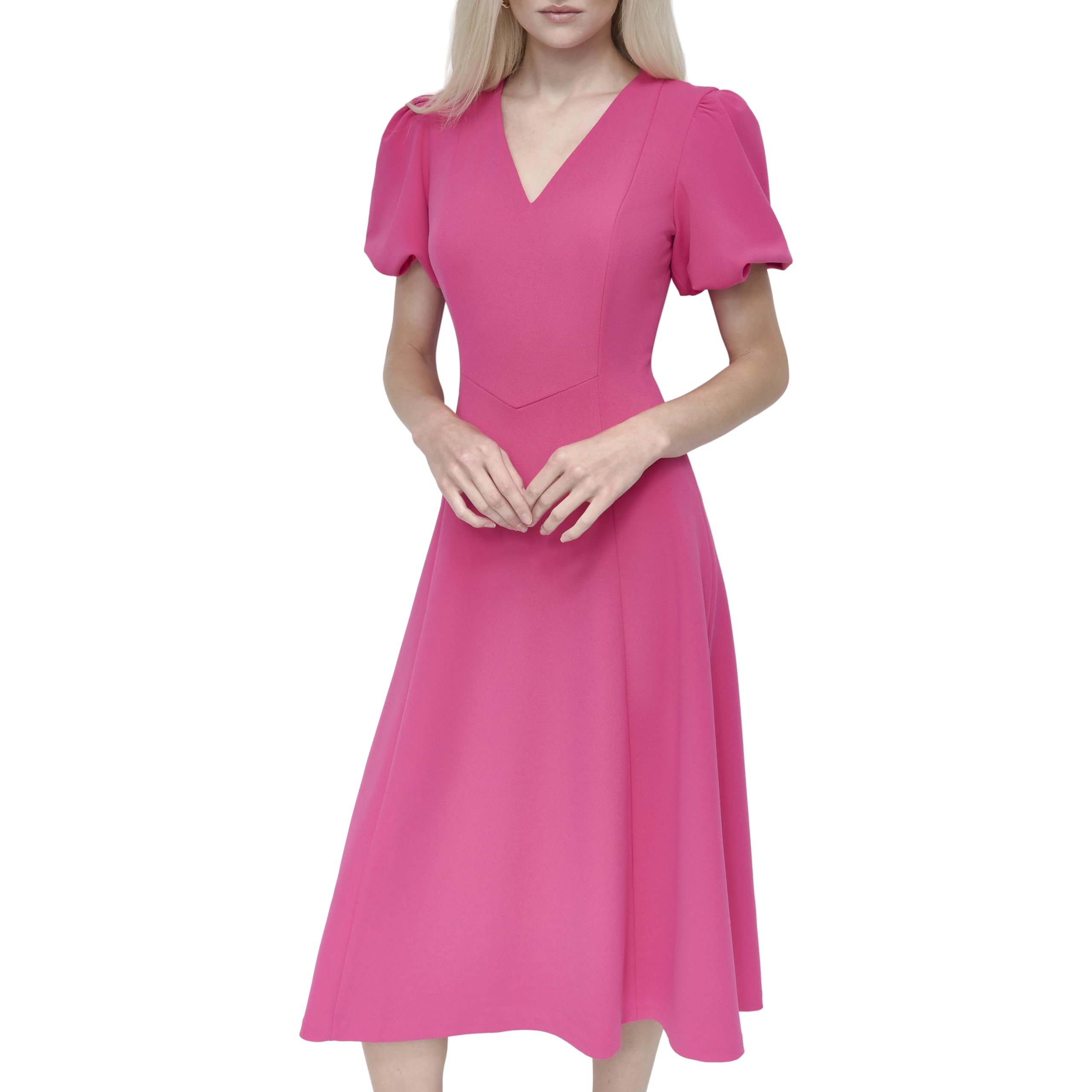 Robe DKNY col en v évasée à manches bouffantes chic pour vos sorties