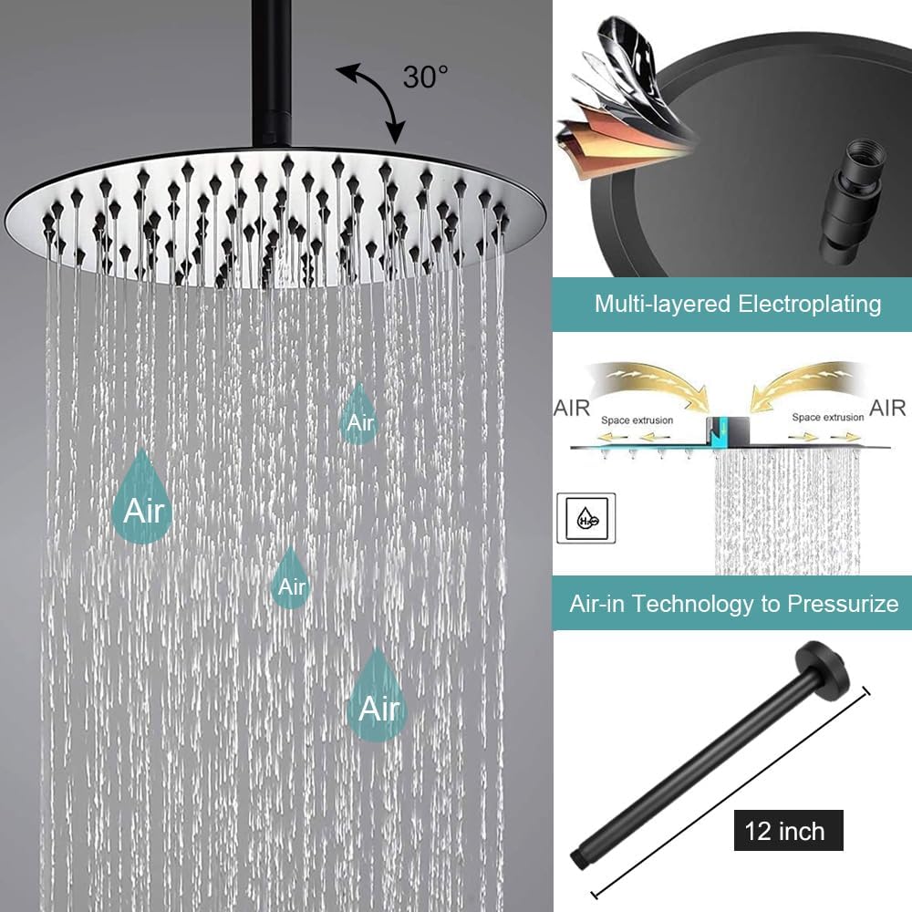 Matte Black Dual Shower Heads System: 12" Ceiling Mount Rain & 6" Wall Mounted Rainfall Head and 2 in 1 Handheld Spray, Full Body Faucet Set, 3 Way Diverter Brass Valve with Trim Kit