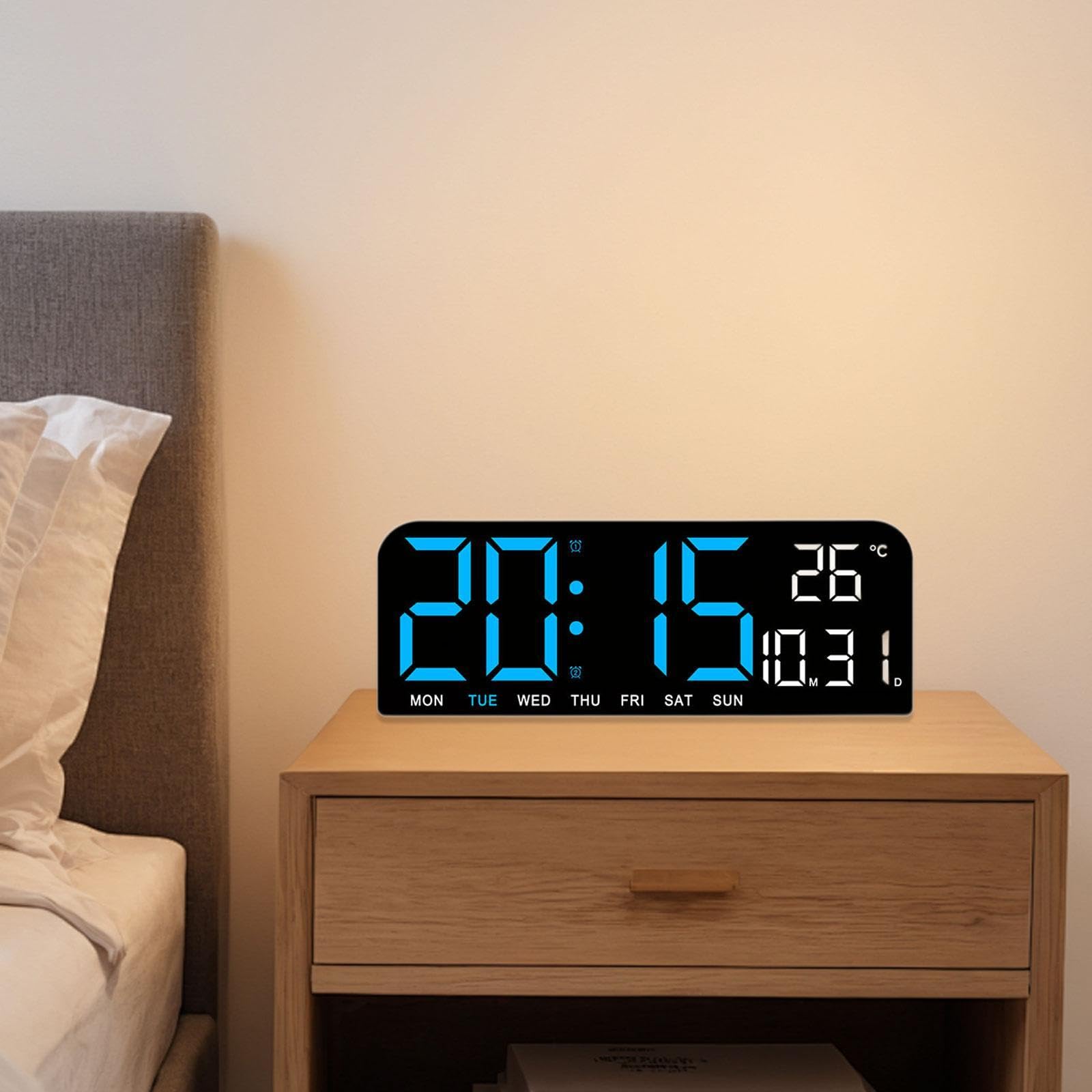 Grande orologio digitale a LED con data, settimana, temperatura, moderno grande display a LED, allarme forte per negozio, garage, palestra, casa, ufficio, blu