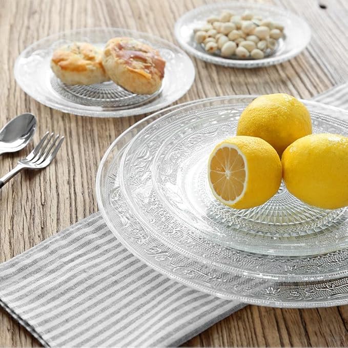 Image of PrimeWorld Plate Set of 4 pcs | Bead Rim Decorative 6 inch Crystal Clear Glass Plates | Elegant Dinnerware for Dry Fruits, Sweets, Chocolate, Snacks, Dining, Catering & Wedding Parties