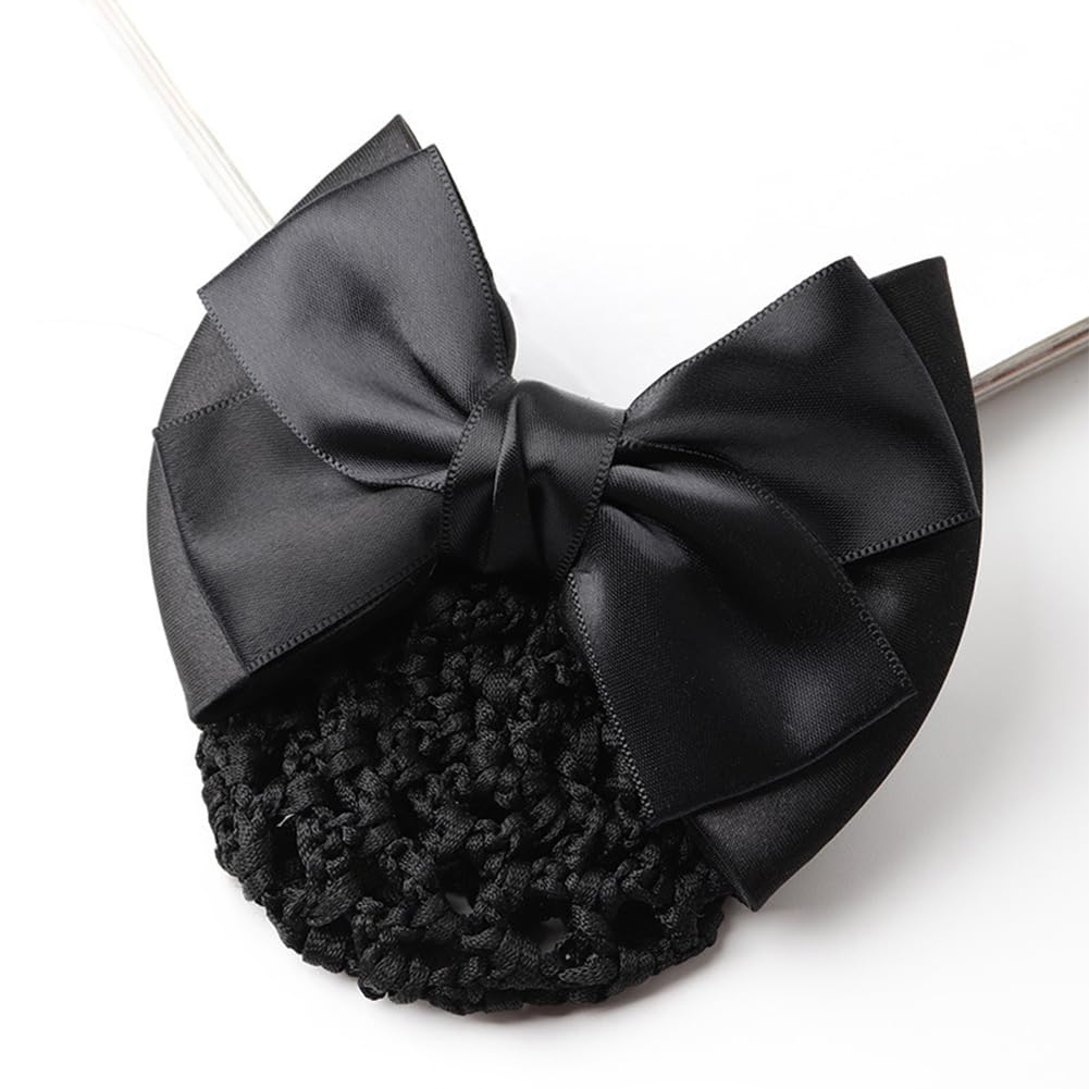 3PCS Bowknot Snood Net Hair Clip Bun Cover Satin Bow Elastic Mesh Barrette Invisible Ballet Hair Nets Women Working Styling Accessories for Stewardess Banks Hotels Restaurant Staff(Black) - Image 3