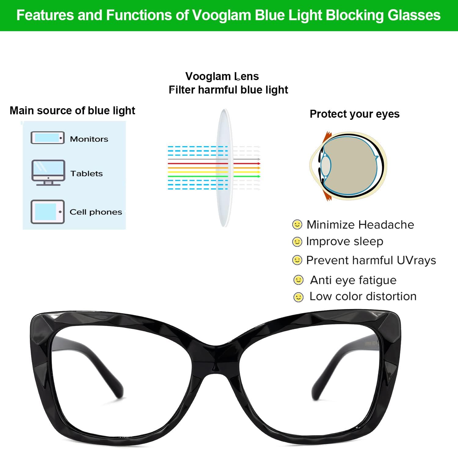 VOOGLAM Blue Light Glasses for Women Anti Eyestrain Dry Eyes UV Computer Phone TV Eyewear Fashion Letitia
