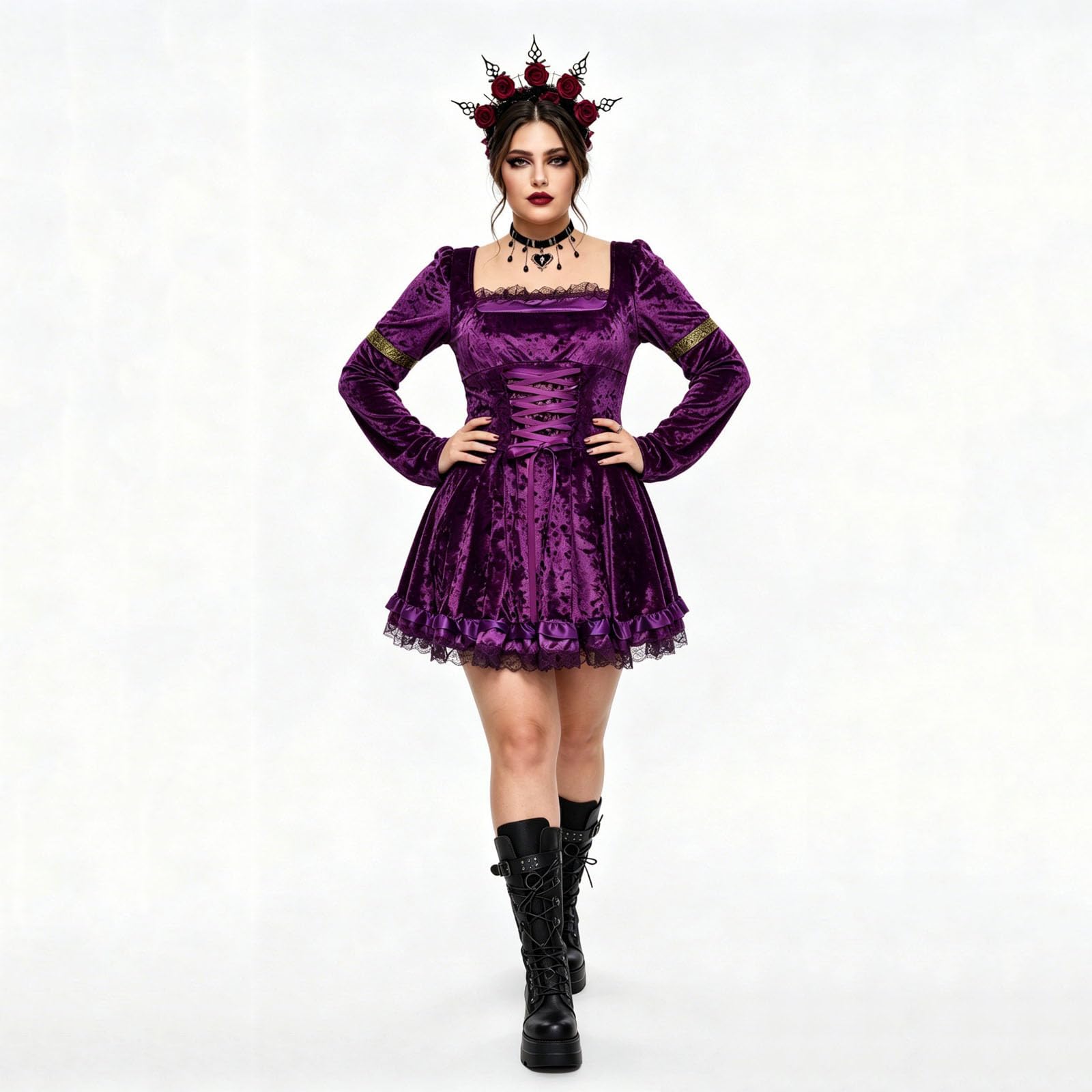 Vestido Halloween Mujer Gótico Manga Larga Escote Cuadrado Vestido Disfraz Renacentista de Terciopelo con Campana Cinta Ajustable en Cintura Falda Corta con Volantes para Fiestas de Halloween Cosplay