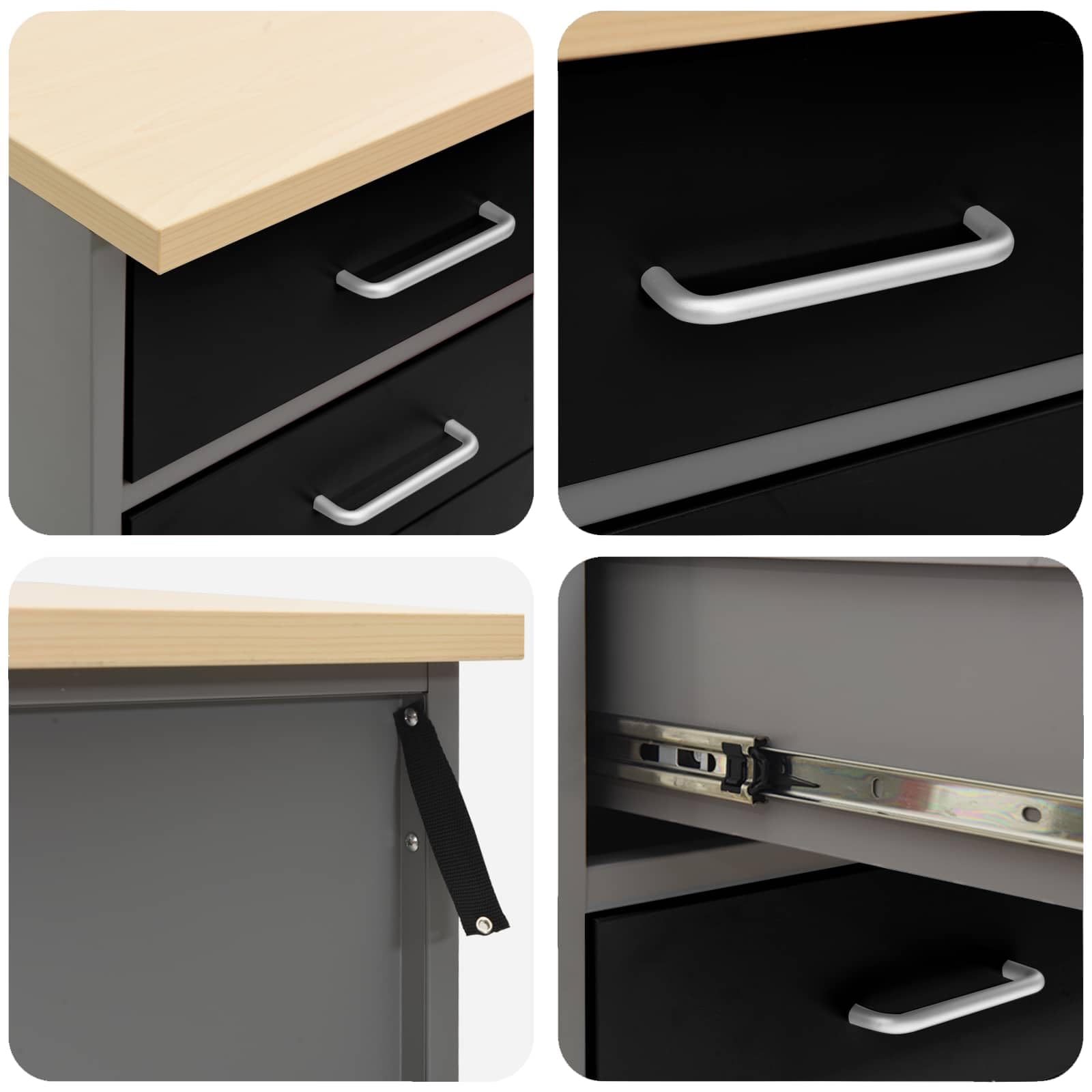 Banco de trabajo con cajones negro y gris, 150 x 55 x 85 cm, armario de madera de acero resistente con 6 cajones, ideal para taller, garaje, sala de ocio