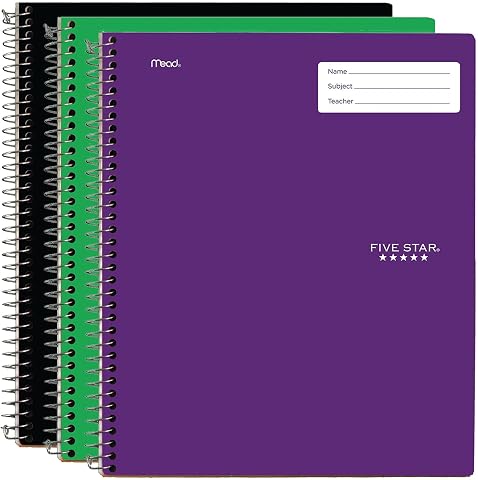 Five Star İnteraktif Not Alma Spiral Defterler, 3 Paket, 1 Konu, Kolej Çizgili Kağıt, 11" x 8-1/2", 100 Yaprak, Siyah, Yeşil, Mor (820017-ECM)