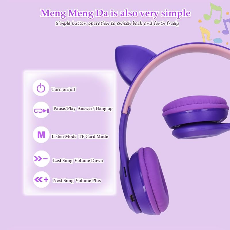 Megadream Macska Füles Bluetooth Fejhallgató Gyerekeknek - LED Világítással, Mikrofonnal, Összecsukható, 8+ Éveseknek, Lila