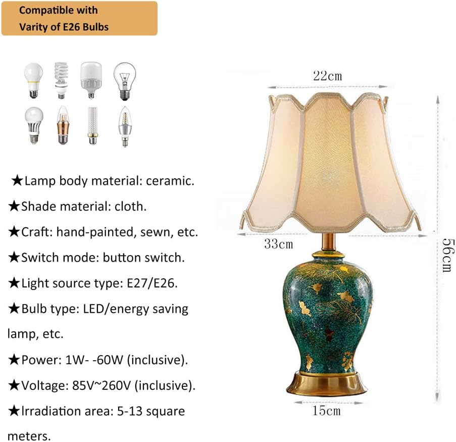 American Ceramic Table Lamp for Bedroom Decorative Bedside Table Lamp with Bell Shape Shade,Green Nightstand Lamp 22inch Ginger Jar Lamp