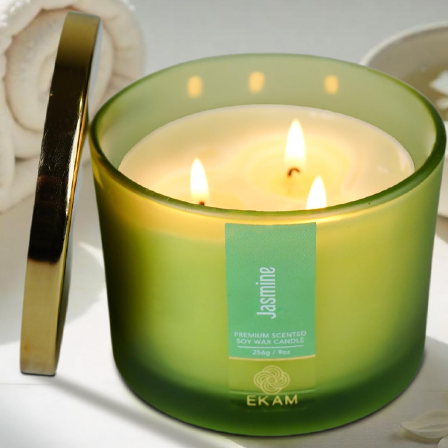EKAM 3 Wick Soy Wax Scented Candle | Jasmine Fragrance | 35 Hr Burn | Long Lasting Premium Jar Candle for Home Decor, Relaxation & Gifting