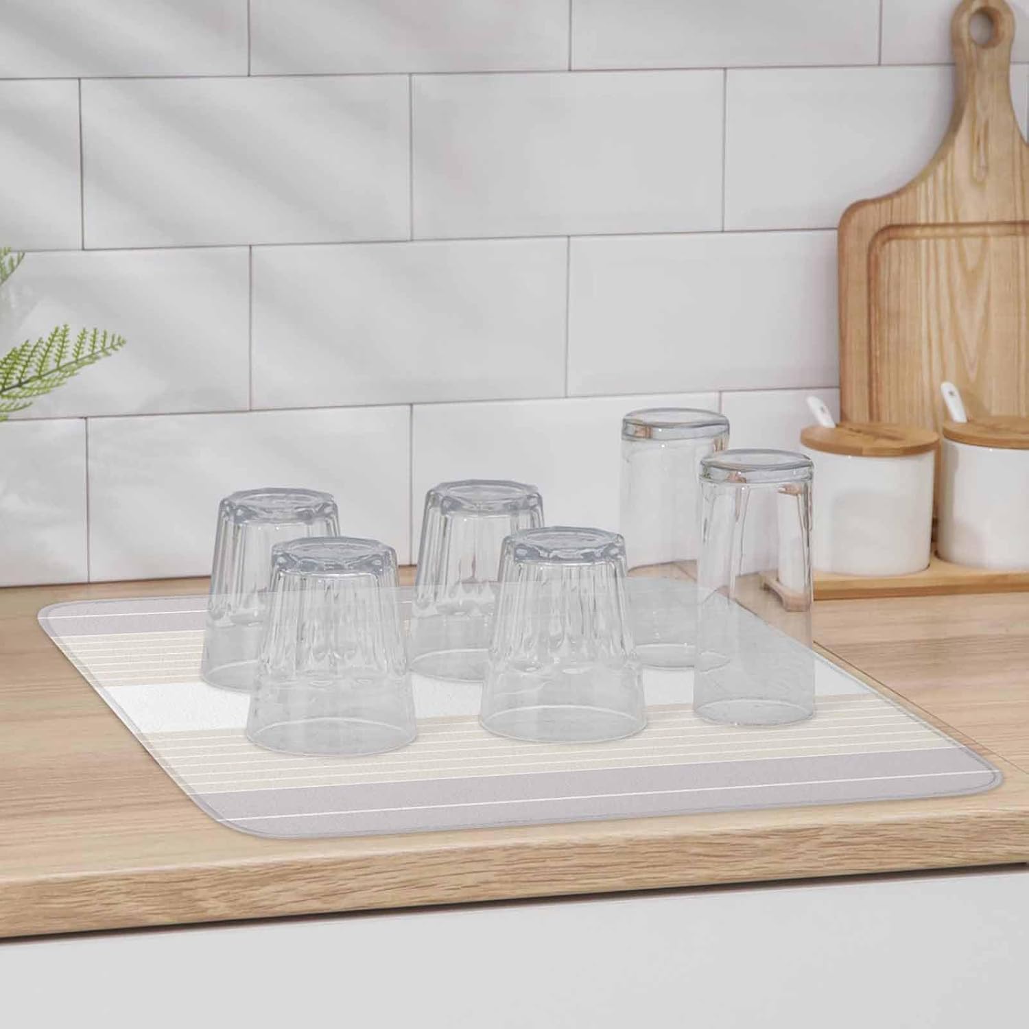 Dish Drying Mat Set of 2 Gray Beige Microfiber Absorbent Reusable Washable Dish Drying Rack Mat Simple Stripes Theme Coffee Mat for Coffee Maker Bar Kitchen Countertops 16x18inch