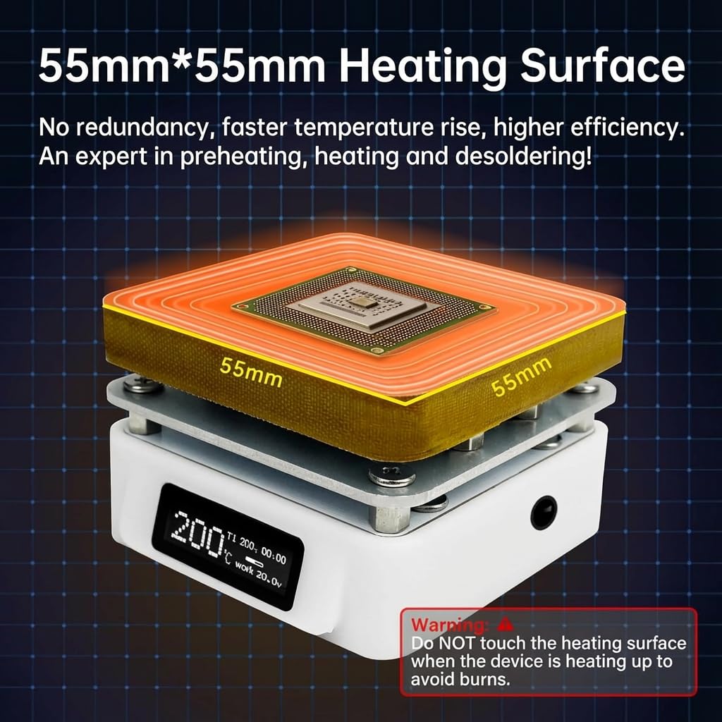 PCB Heizstation, 95W Lötstation Heizplatte, T55 Heizplatte Löten SMD, 25V Rework Heizung, Vorwärmen Lötstation, Labor-Heizplatten, Mini-Heizplatte, 55x55MM mit OLED-Display für Reparatur DIY Labor