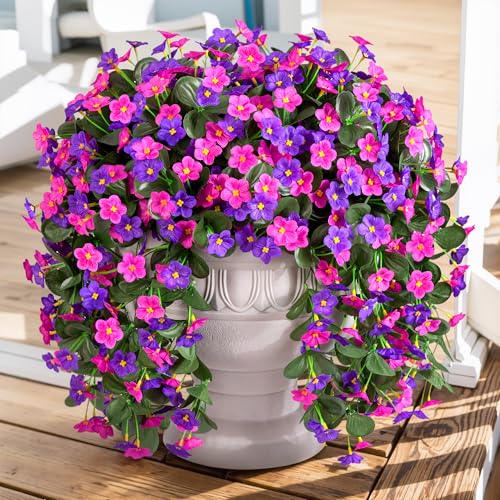 Artificial Hanging Flowers for Outdoor Decor, 2 PCS Fake Silk Orchid Vines UV Resistant Realistic for Home Porch Patio Balcony Planter Decoration(Dark Purple and Fuchsia)