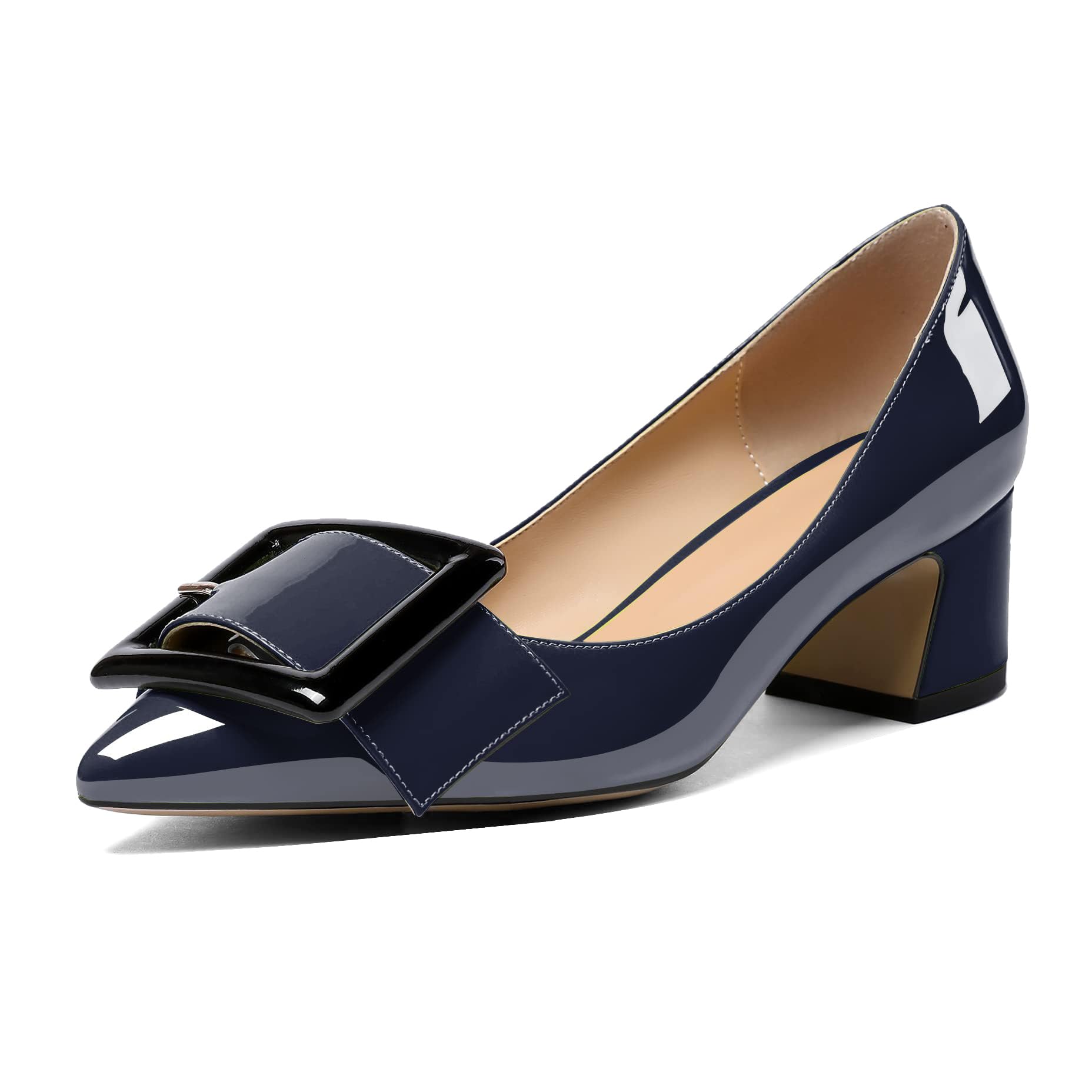Eldof Pointed Toe Pumps,Classy 2 Inches Block Heel Chic Pumps, Confort Buckle Heel for Office Wedding Dress