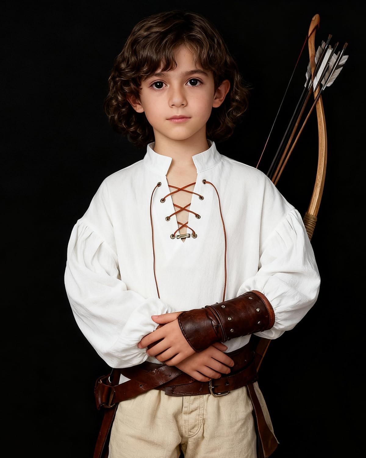 L'VOW Medieval Boys Shirt Renaissance Kids Lace-up Pirate Shirts Retro Viking Colonial Costume Top - Image 2