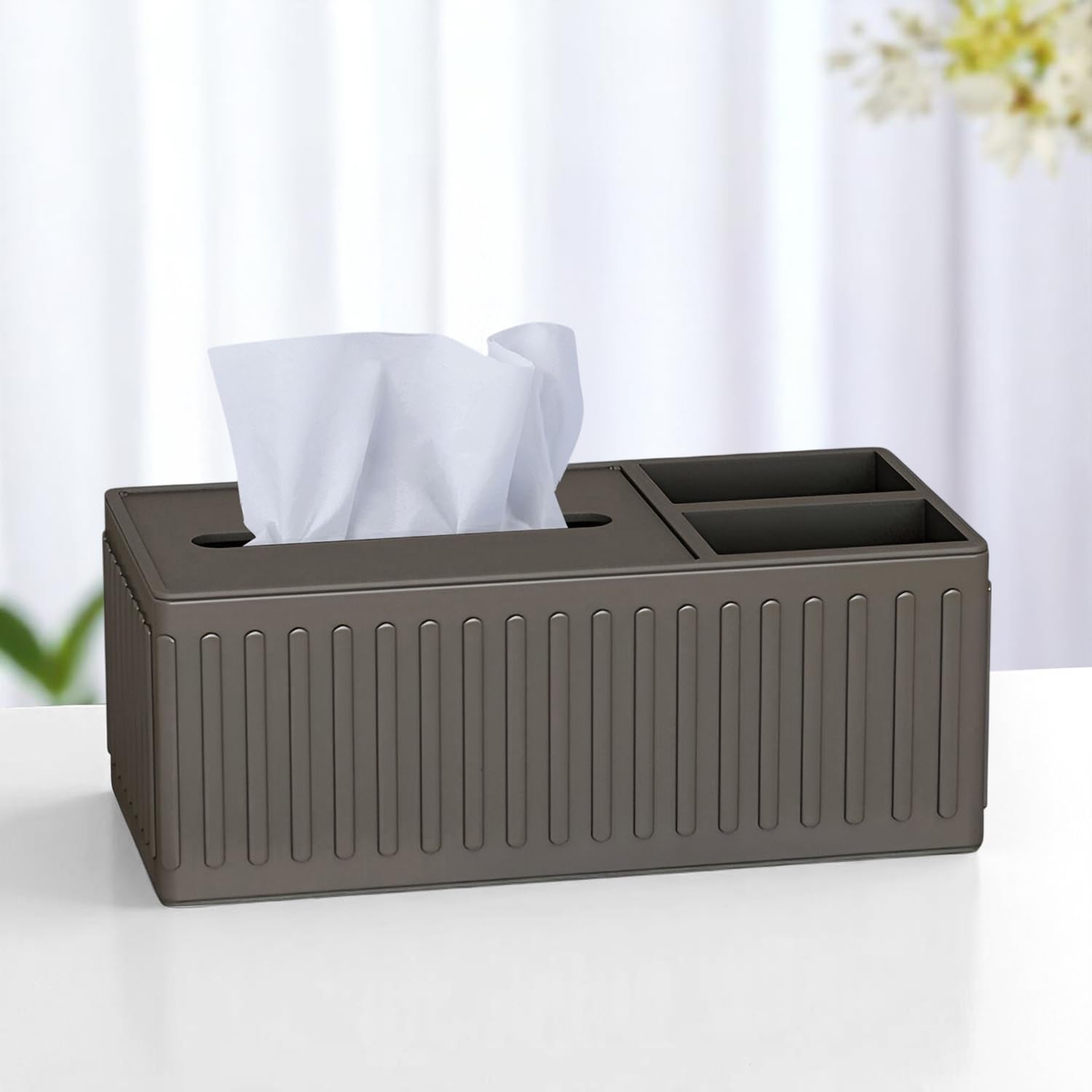 Metal CorePlus Multi-Functional Tissue Box Holder with Dual Storage Compartments/Decorative Facial Napkin Holder with Embossed Design for Office, Hotel, Home & More - Grey