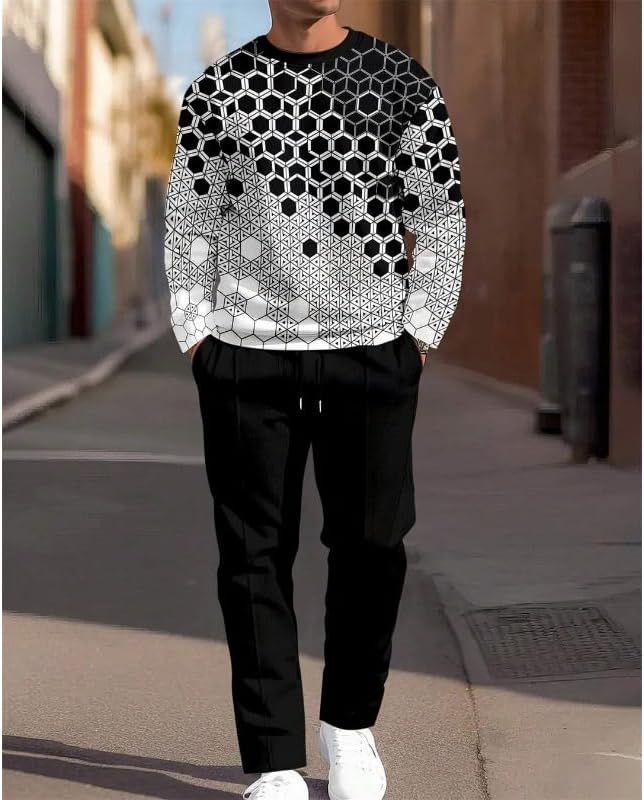 Men's 3D printed round neck shirt long pants set casual long sleeved sweatshirt pullover sports two-piece set