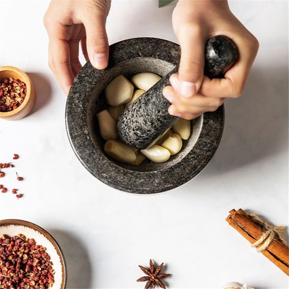 Bol pour moudre les épices Mortier en pierre et mortier pour la maison, pilon d'ail manuel, bol à anneau, outils de cuisine, épices, broyeur d'aliments épais, ensemble de mortier et pilon