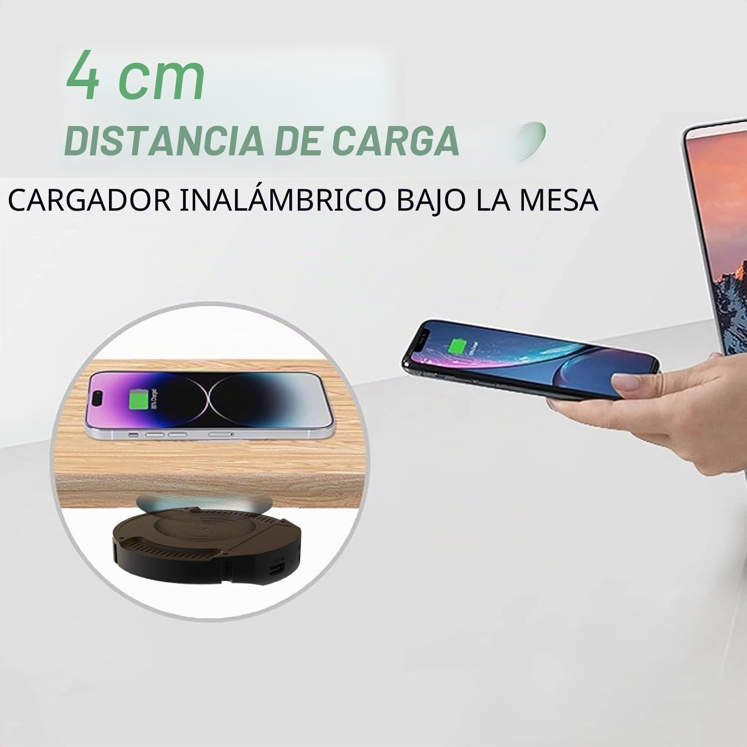 Cargador Invisible Inalámbrico, 22-32mm Bajo la Mesa Cargador QI 10W Carga Inalámbrica para Todos los Dispositivos Qi Estándar para el Grosor de la Barra/Mesa de Café/Espe(Color:Negro)