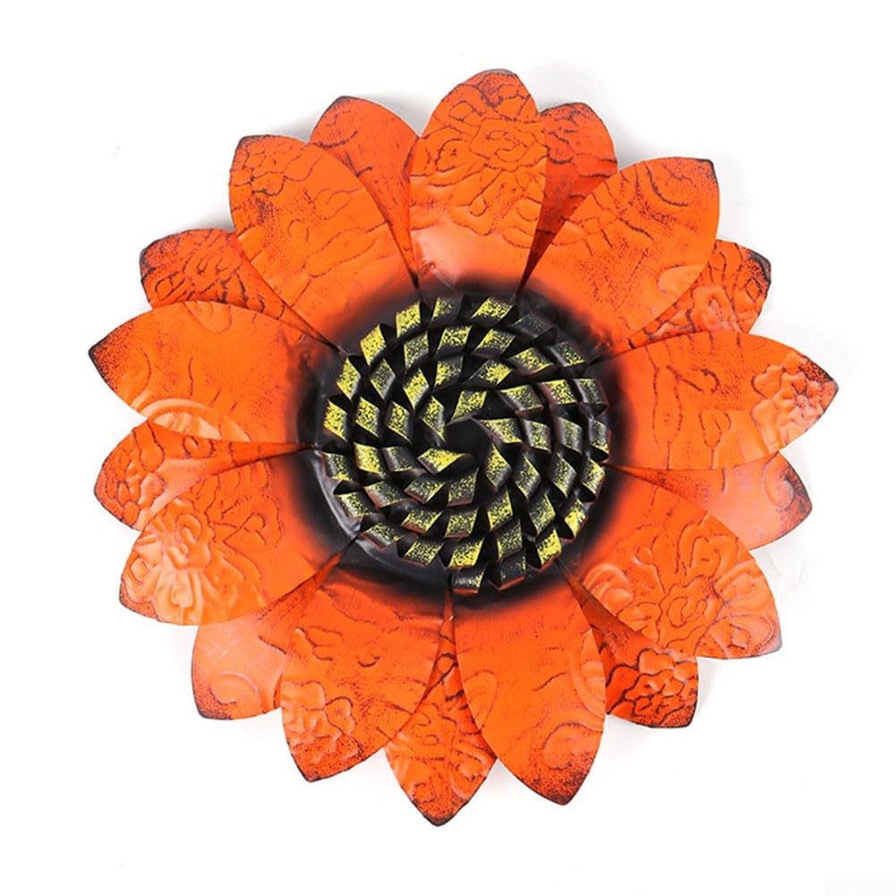 Wrought Iron Sunflower Wall Decor — 34x34 cm Rustic Flower Wall Hanging Ornament for Indoor, Outdoor & Garden Decoration, Metal Wall Art(Orange)