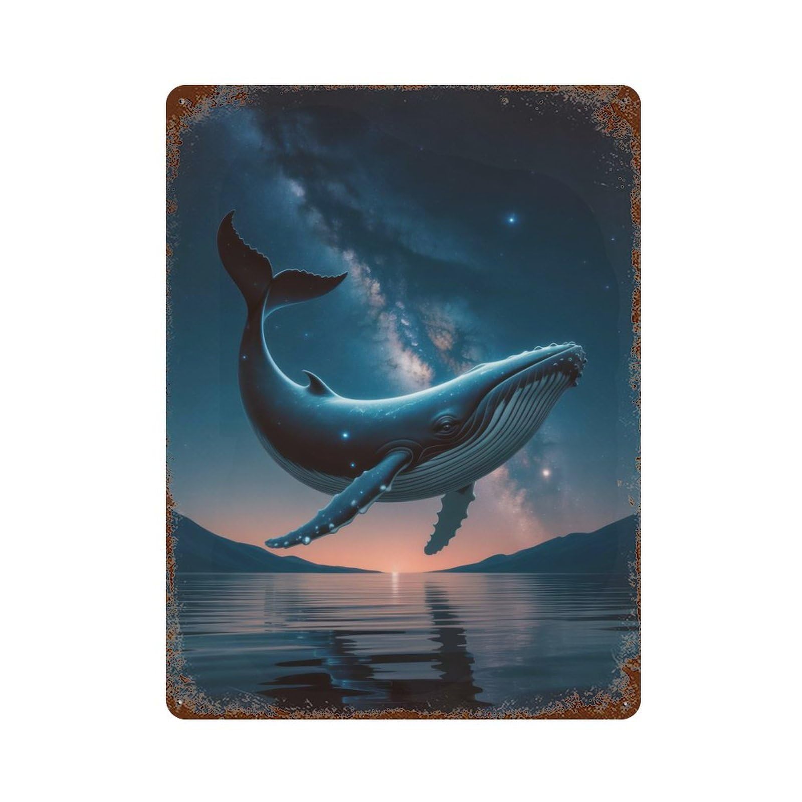 Rust Effect Tin Sign with Whale in The Night Sky Design 15.7"x11.8", for Pub, Kitchen And Man Cave Decor, Industrial Home Decor