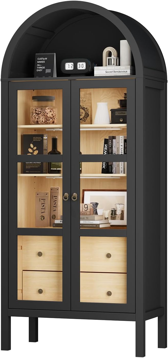 ROOMTEC 72" Tall Arched Glass Display Cabinet with Auto Sensor LED Lights, Modern Storage Cabinet with Adjustable Shelves and 2 Drawers, Wooden Curio Cabinet for Living Room, Kitchen, Dining Room