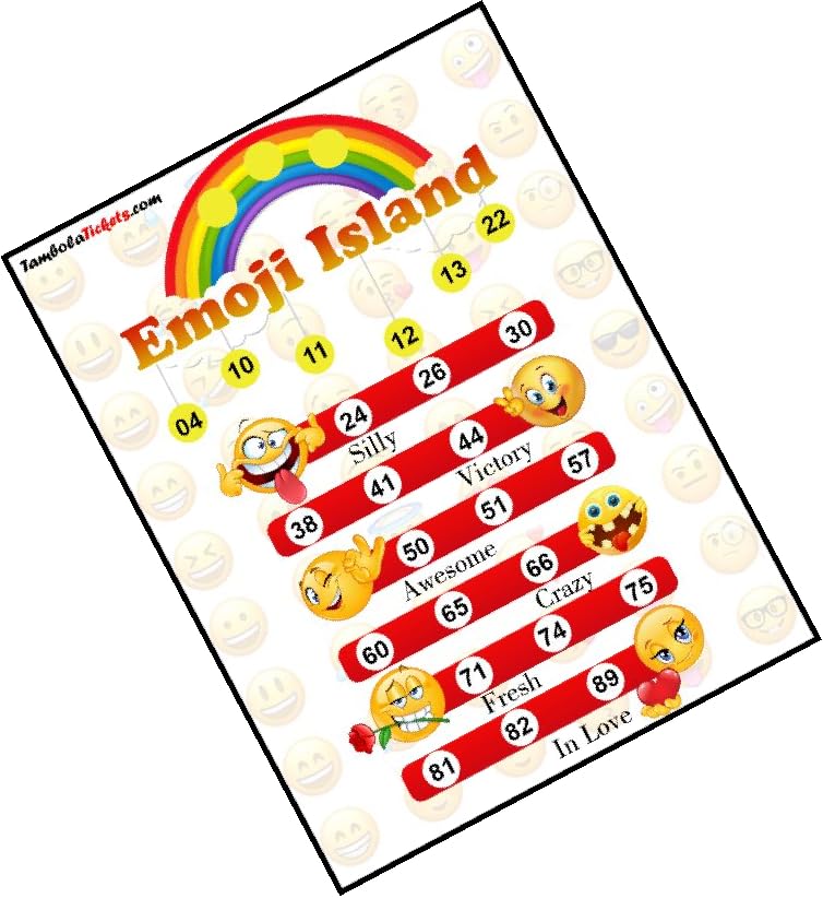 TambolaTickets.com Unique Emoji Island Theme tambola Tickets Bingo housie lotto (Printed on Hard Sheet, Big Size Tickets, 120 Cards)