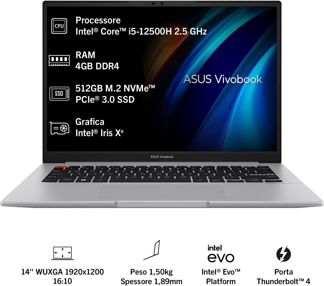 ASUS Vivobook S 14 K3402ZA#B0BSH3Y66P, Notebook da 14 Anti-Glare, Intel Core 12ma gen i5-12500, RAM 8GB, 512GB SSD PCIE, grafica Intel Iris Xe, Windows 11 Home, Grigio ASUS Vivobook S 14 K3402ZA#B0BSH3Y66P, Notebook da 14 Anti-Glare, Intel Core 12ma gen i5-12500, RAM 8GB, 512GB SSD PCIE, grafica Intel Iris Xe, Windows 11 Home, Grigio