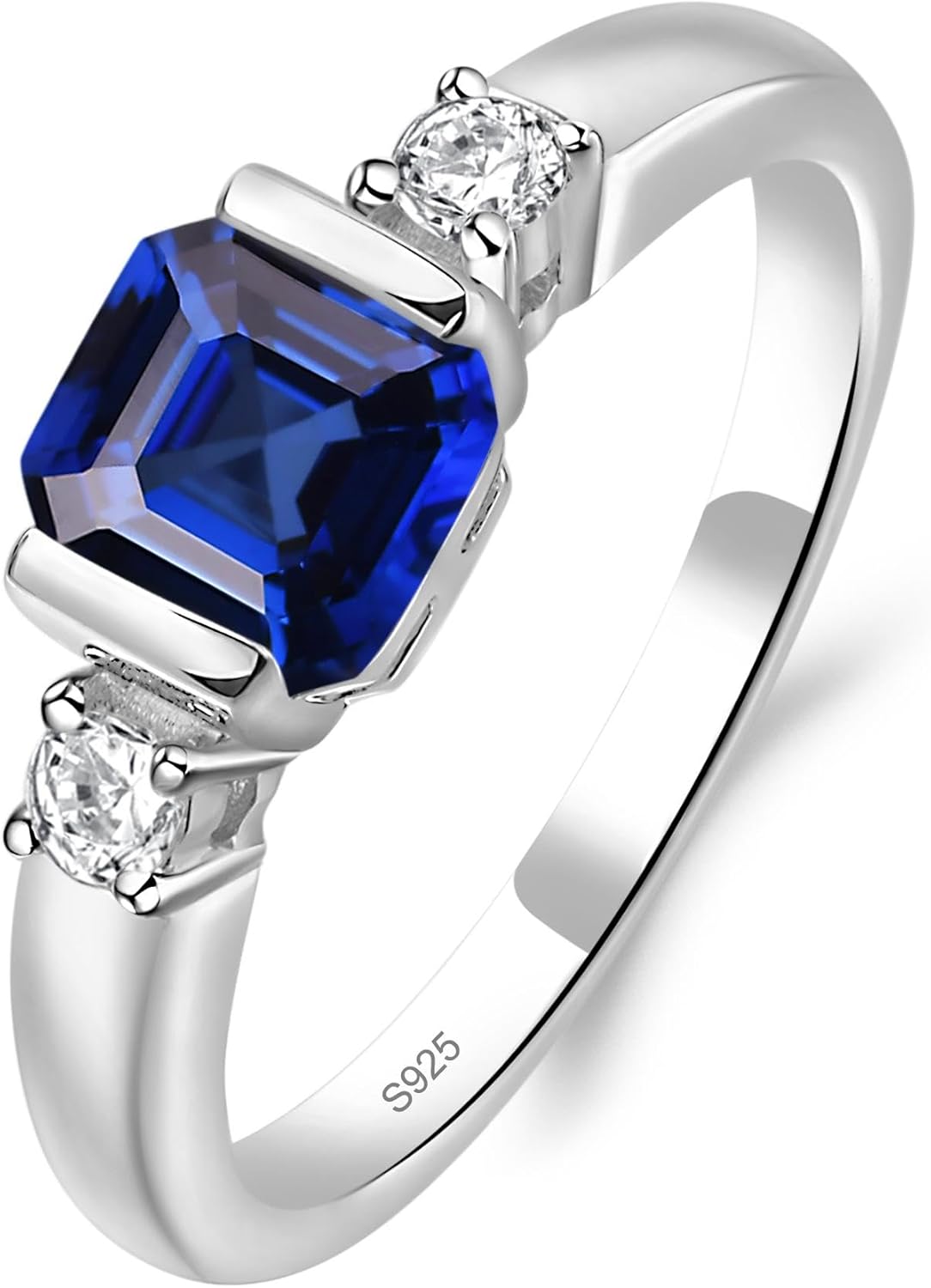 LUO 925 Sterling Silver Asscher Cut Gemstone Ring For Women, 6X6 MM Half Bezel 3 Stones Promise Engagement Ring