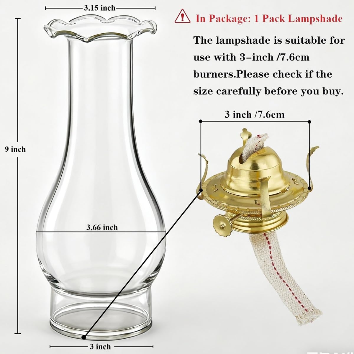 Oil Lamp Chimney Replacement,3 Inch Base by 9 Inch Tall Kerosene Lamp Globe,Clear Glass Oil Lamps Globe,Hurricane Lamp Globes Shade Cover,Crimped Top Chimney For OilLamps For Indoor Use Parts
