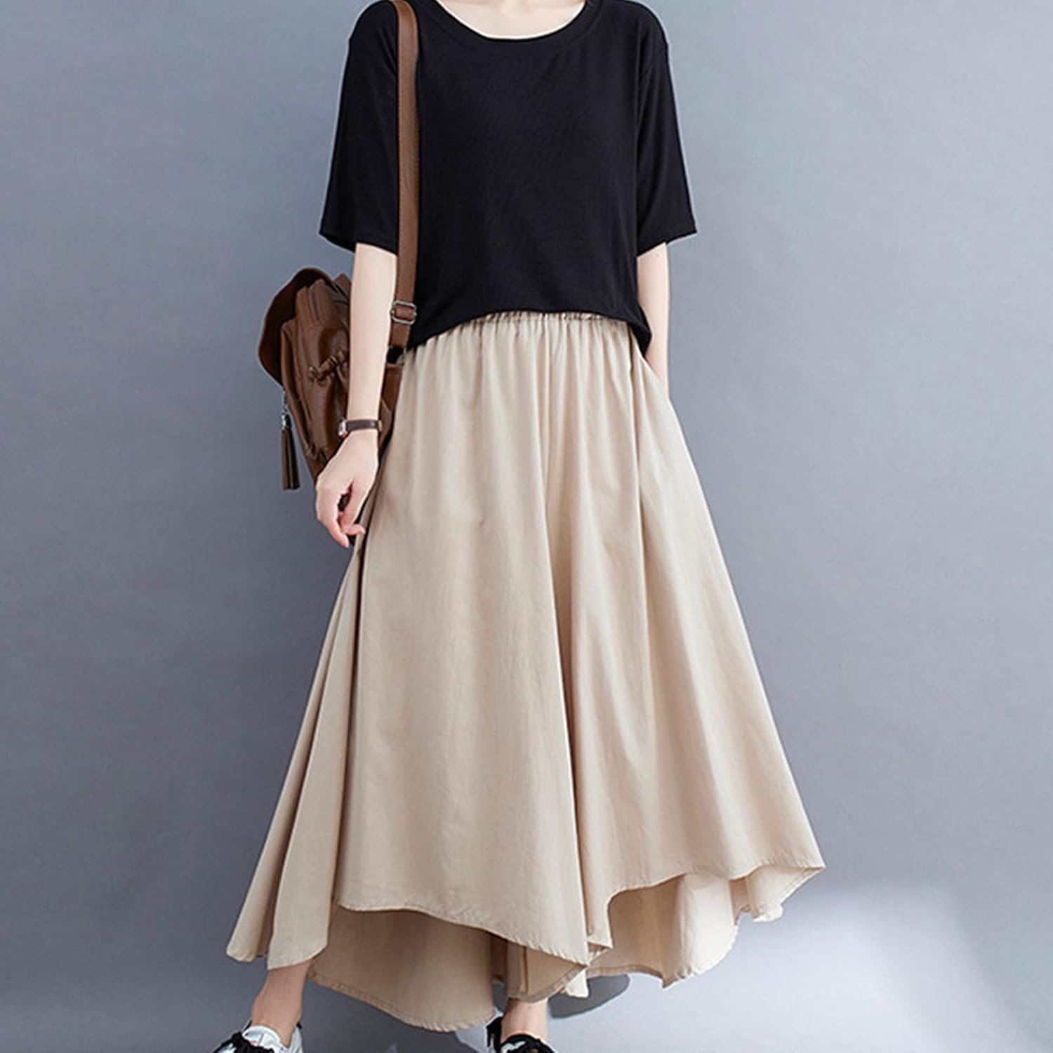 DGHM-JLMY Women's Casual Elastic Waist Culottes Casual Palazzo Trousers with Pockets Linen Blend Wide Leg Cropped Pants