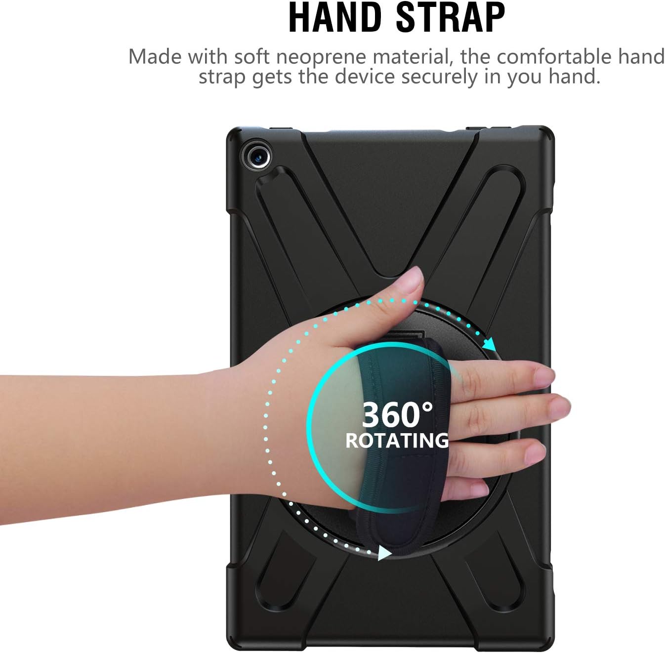 MoKo Case for Amazon Fire HD 10 Tablet (7th and 9th Generation, 2017 and 2019 Release) 10”, Full-Body Back Cover 360 Degree Rotating Kickstand Shell with Shoulder Strap and Hand Strap - Black