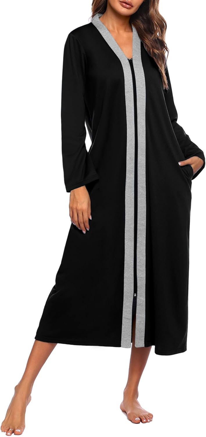 Ekouaer Womens Zipper Robe Long Sleeve Loungewear