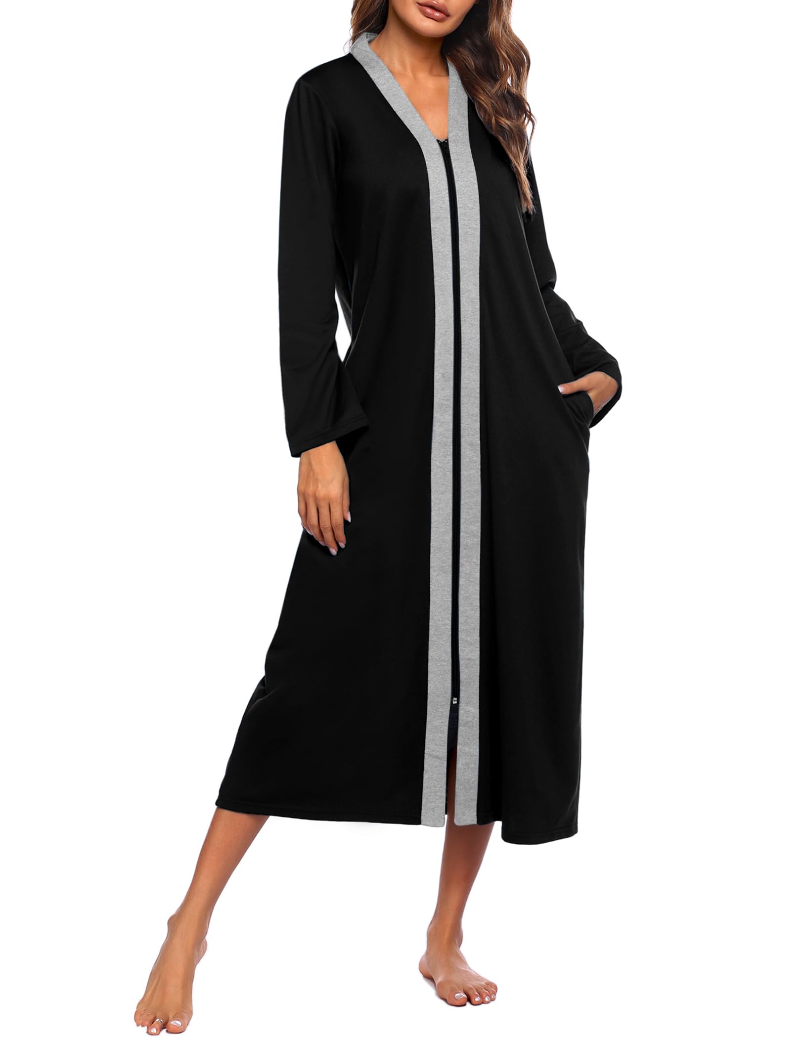 Ekouaer Women Zipper Robe Long Sleeve Loungewear Lightweight Housecoat Full Length Nightgown with Pockets