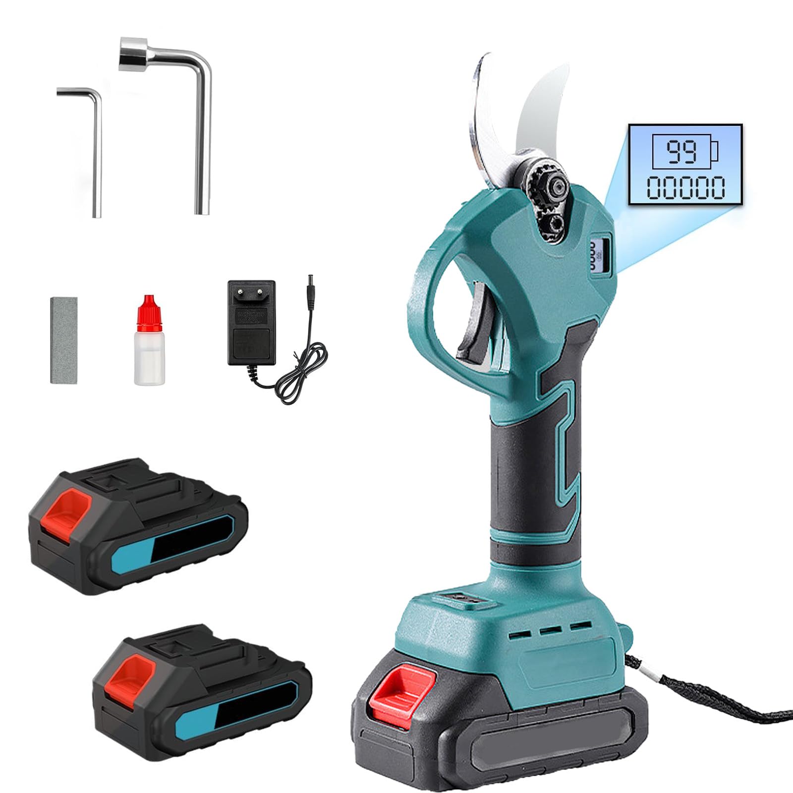 Sécateur Électrique sans Fil 21V avec 2 Batteries 2.0Ah & Chargeur, Coupe-branches Électrique avec Moteur sans Balais et Lame SK5, Diamètre de Coupe 25mm – Sécateur à Batterie pour Jardinage