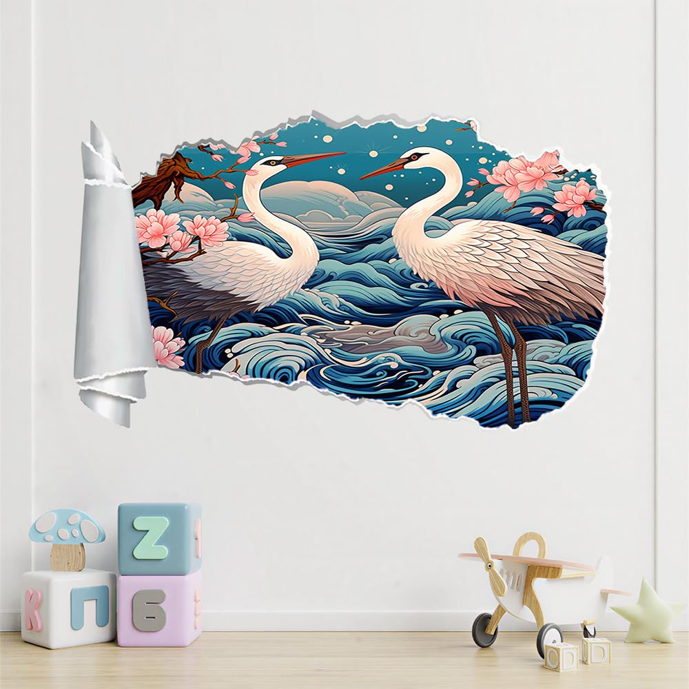 Pegatinas de pared Murales Calcomanías, Grúa Mar Olas Azul Tatuaje De Pared 3D Roto, Estilo Japonés De Pared Para Decoración Del Hogar, Decoración De Habitación De Niños