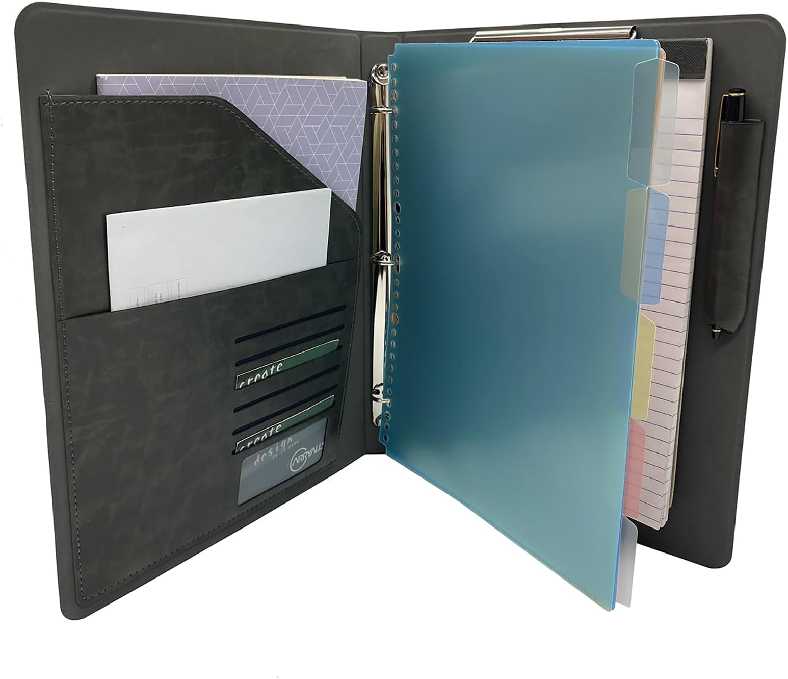 Binder Portfolio Organizer with Color File Folders, Business and Interview Padfolio with 3-Ring Binder, Clipboard