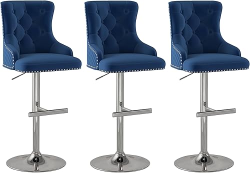 Miniatura 34 de Juego de 2 taburetes de bar de terciopelo con anillo giratorio de león para encimera de cocina, taburetes de bar tapizados con cabeza de clavo, Gris