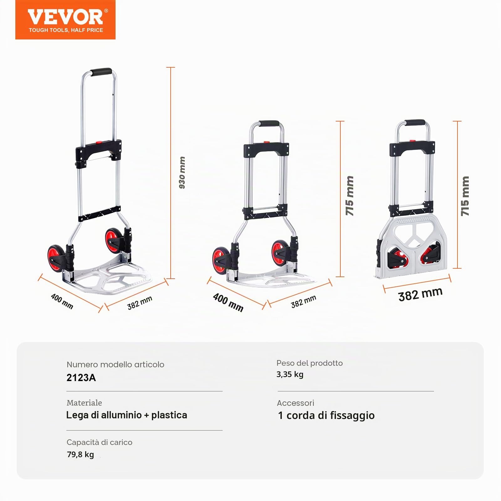 VEVOR Carrello a Mano Pieghevole Portata Max. 80 kg Carrello a Mano in Alluminio Pieghevole per Carichi Pesanti con Ruote in Gomma Maniglia Telescopica per Trasporto Domestico Merci di Magazzino 80kg