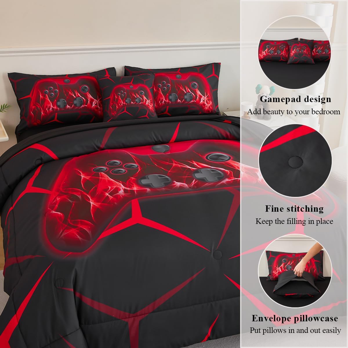 Kids Game Comforter Sets for Boys Children Black Red Geometric Gamepad Bedding Set for Teens Full Size Breathable Lightweight Microfiber Gamepad Bed in A Bag Set(Red, Full) - Image 5
