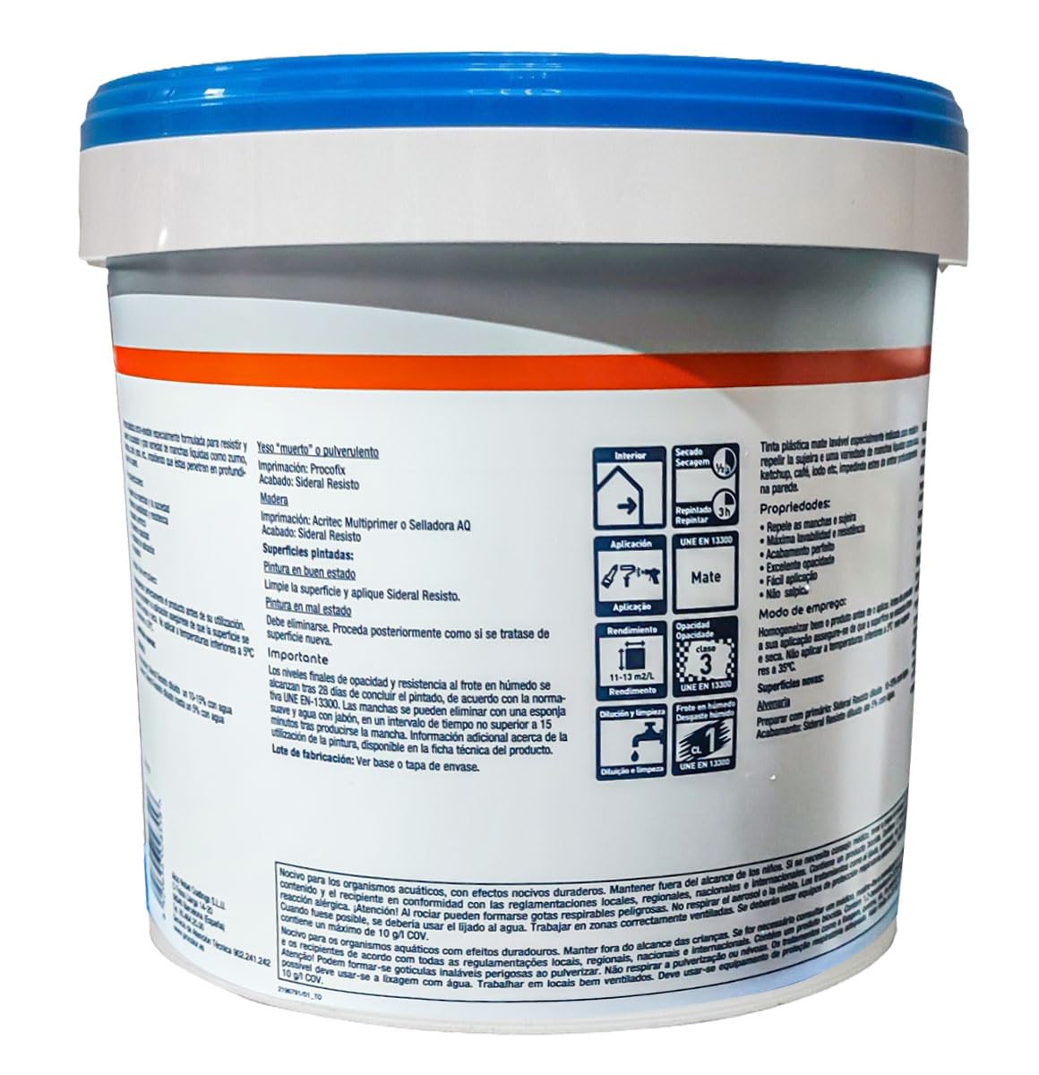 Pintura de interior y exterior antimanchas blanca Sideral Resisto, Alta resistencia, Excelente rendimiento de 11-13 m²/L. Alta lavabilidad, muy buena cubrición, protección antimoho. (4 Litros)