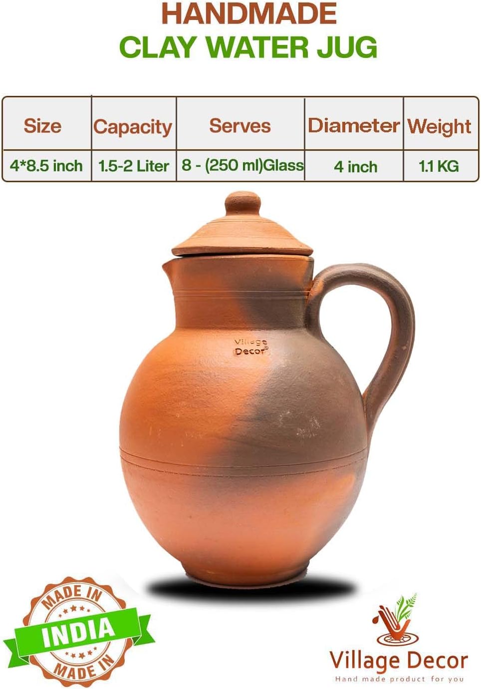 Village Decor Handmade Clay Water Jug With Lid | Carafes Pitcher Capacity 67 oz 2000 ml.