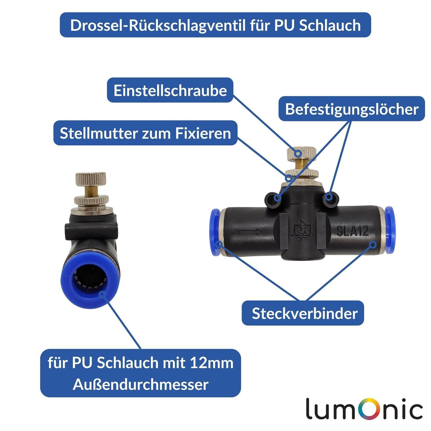 Lumonic 20x I Válvula de retención del acelerador de manguera de PU con conector de enchufe I 12mm I Válvula de retención de mariposa neumática I Válvula de mariposa I Aire comprimido