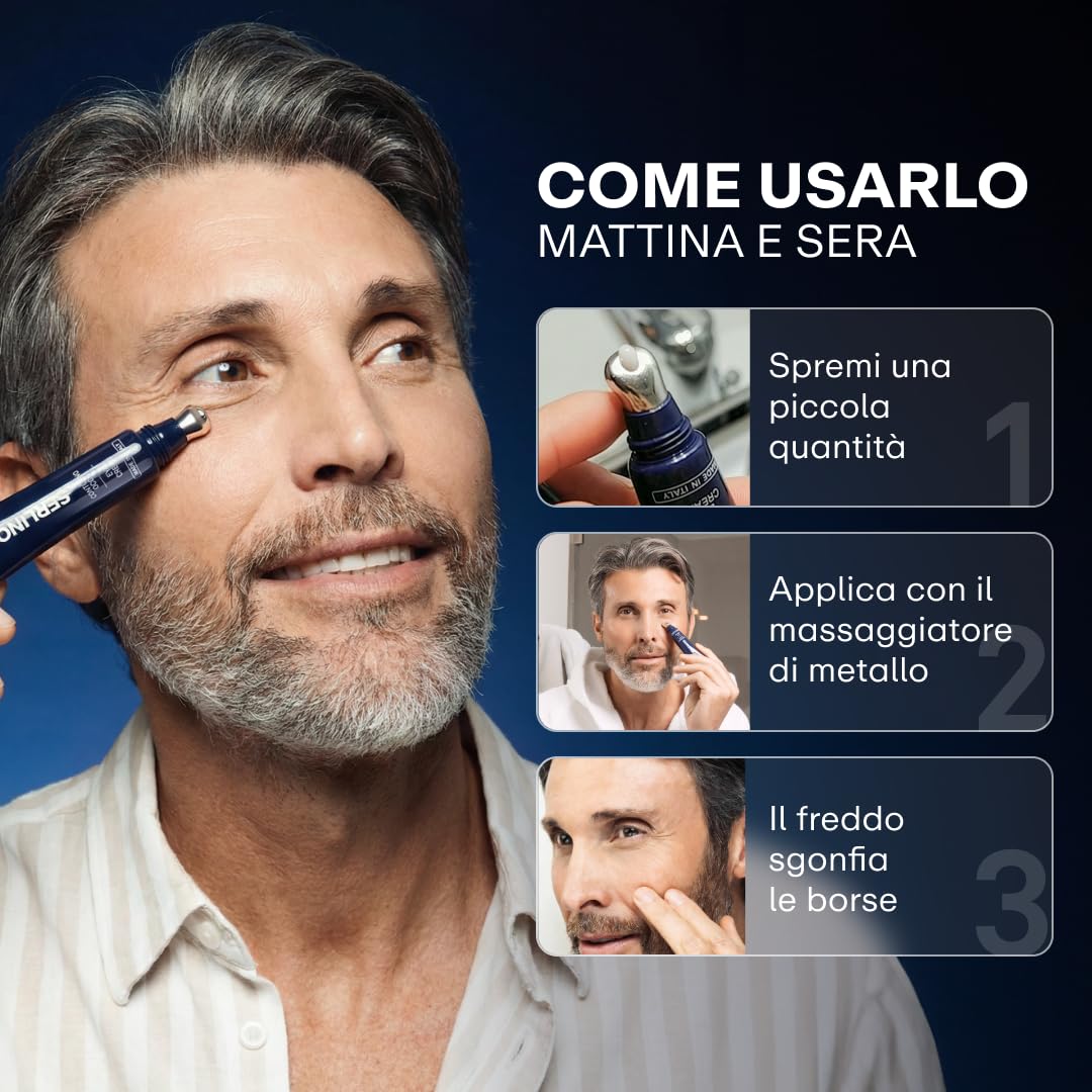 SERLINOLAB Contorno Occhi uomo,Crema Anti Borse, Occhiaie e Rughe con Acido Ialuronico, Caffeina e Argilerine, Trattamento Sguardo Fresco e Riposato, 15ml